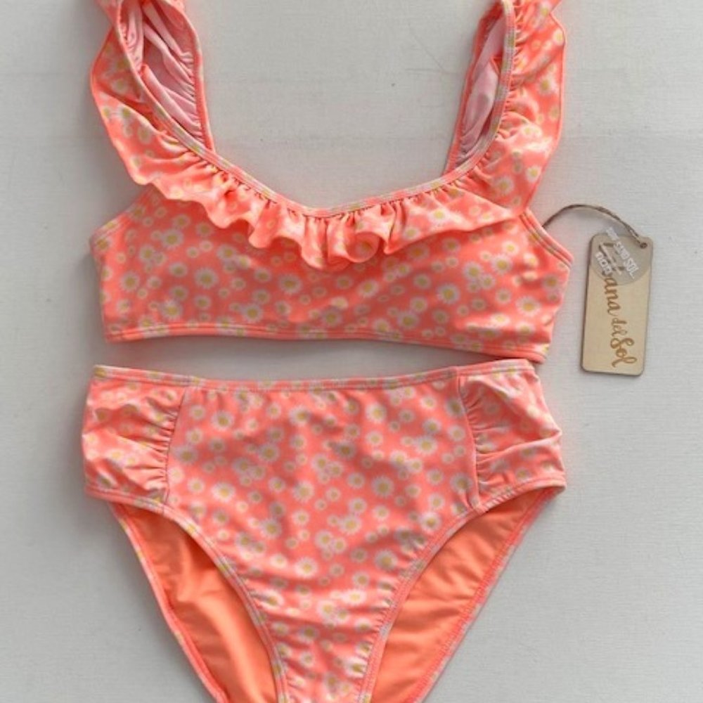 Cabana Del Sol Ruffled High Waist  Bikini Swim Set Daisy Print